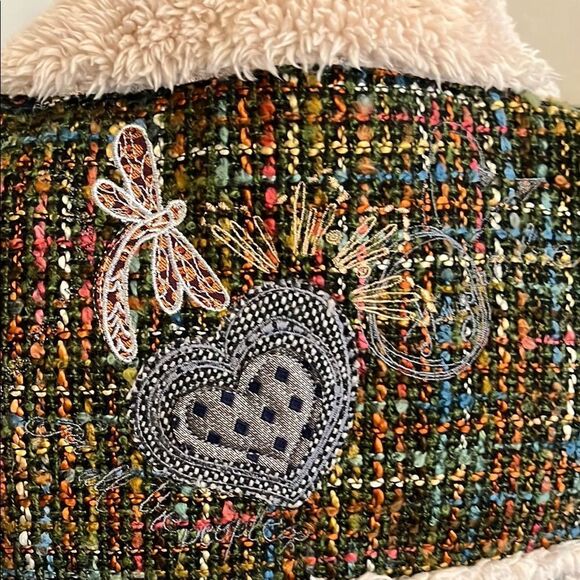 Desigual Faux Sherpa Leather Tweed Moto Bohemian Zip Up Mixed Media Vest - Picture 7 of 11